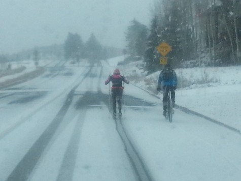 Not enough snow to ski, but enough to make roller skiing tough (photo by Dave Knoop)