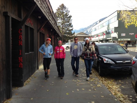 Chandra, Ida, Jared and Rosanna walking through Banff