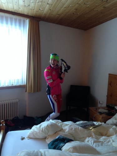 My roomie Sophie getting ready to go ski on the new Salomon boots!