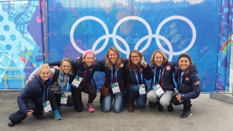 The girls team under the Olympic Rings at the Welcome Center - first day on the ground in Sochi!