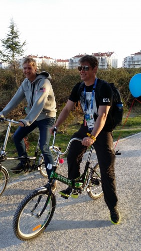 Erik and Bird on the village bikes...Erik's came with a clown nose and Bird's with a balloon!