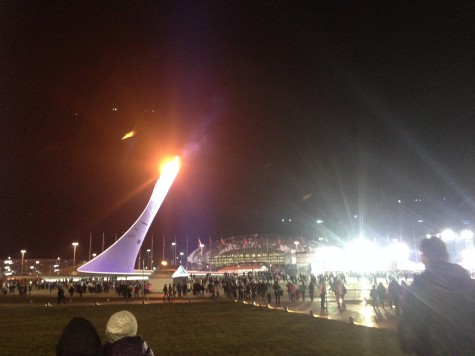 The Olympic Flame across from the stage where they hold the Medals Ceremonies each night.