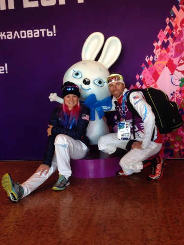 Andy and I with the mascot for the Endurance Village - a little snow bunny!