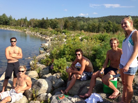 The crew last summer at the snowmaking pond: Chase, Erik, Ben, Andy and Erika
