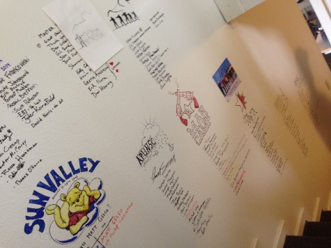 The "wall of fame" in the training center on the glacier!  Each camp signs their names