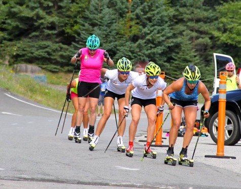Girls rounding the corner during our sprint simulation. Skiing in packs is something I always need to work on! (USSA photo)