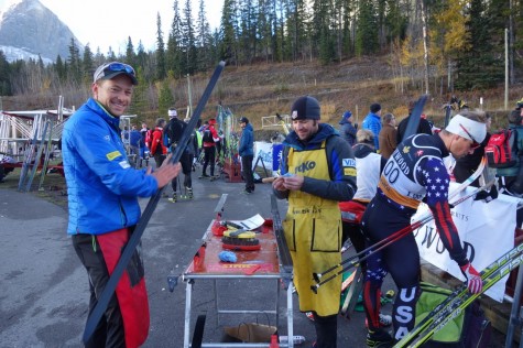 Matt and Jason waxing up our skis for the classic sprint race/time trial (photo by Noah)