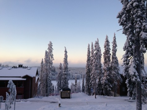 Our room is one of the upstairs ones of the cabin on the left. A photo from a clear day in Ruka!