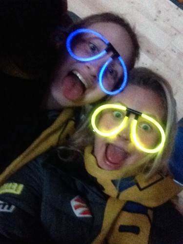 Mackenzie and I cheering with the glow-in-the-dark goggles! 