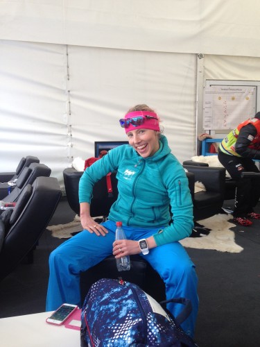 Kikkan starting the recovery process with food, drinks and dry clothes right after the race! 