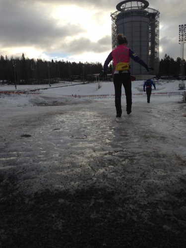 Ida taking careful steps over the ice into the stadium! 