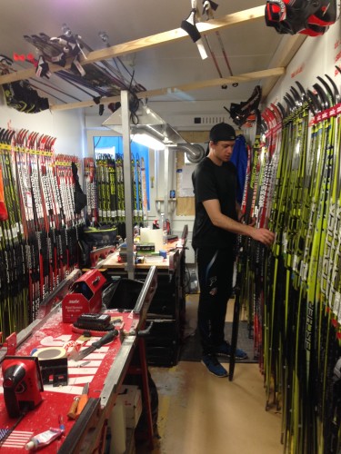 Gus picking out some skis from the wax room