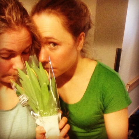 Ida and I smelling our beautiful Women's Day flowers we got from our wonderful staff! 
