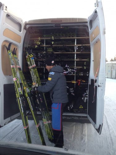 Grover packaging up skis to load back into our cargo van