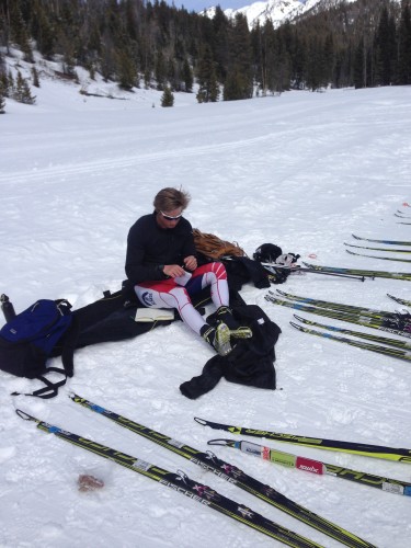 Coach Pat taking some notes after a long morning of ski testing. These guys work hard! 
