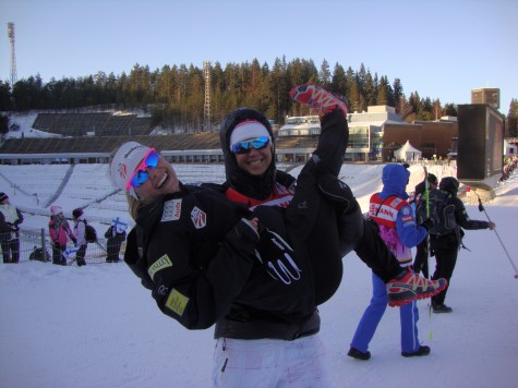 Sadie and I goofing around while cheering on our teammates in Lahti