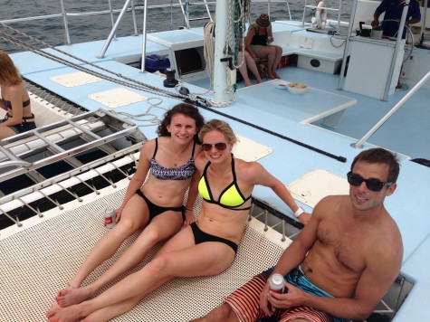 On the trampoline of the catamaran with Danielle. Also pictured is Ryan, a friend we met on the boat. 