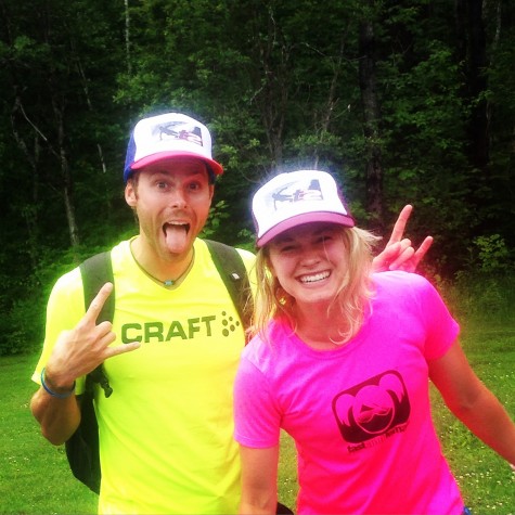 Andy and I showing off our T2 Foundation hats - and our extremely bright roller ski clothes! 