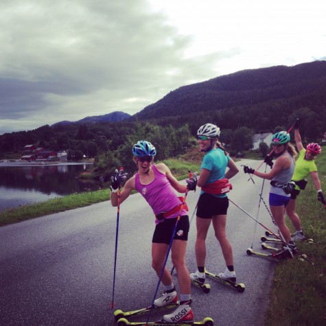 Pretty psyched with our beautiful roller skis so far! Liz, Sophie, Caitlin, Kikkan