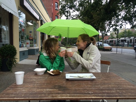 Erika and I sharing some coffee out of the rain! (photo from Annie)
