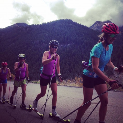 Annie, KO, Caitlin and Kikkan striding it out on a long ski up American Fork
