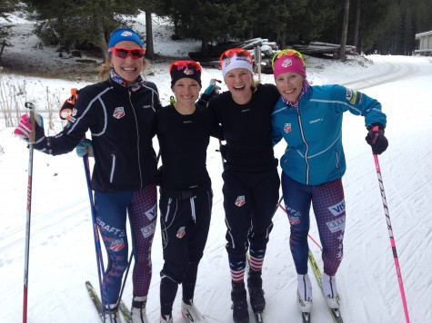 Sophie, Liz, me and Kikkan enjoying a chill ski around the race course together! (photo by Cork)