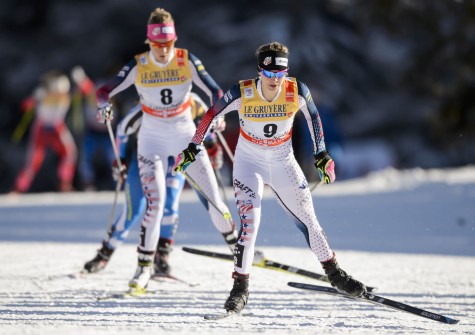 Jessica Diggins of US competes ahead of her compatriot Sadie Bjornsen during the women's 5 km Free Pursuit race during the Tour de Ski event on January 3, 2016 in Lenzerheide. / AFP / FABRICE COFFRINI        (Photo credit: FABRICE COFFRINI/AFP/Getty Images)