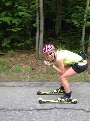 Getting up to speed on a long downhill with Erika! 