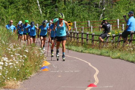 Time for classic striding and running drills, Coach Fish style. (photo from Bruce Adelsman/Skinnyski.com)