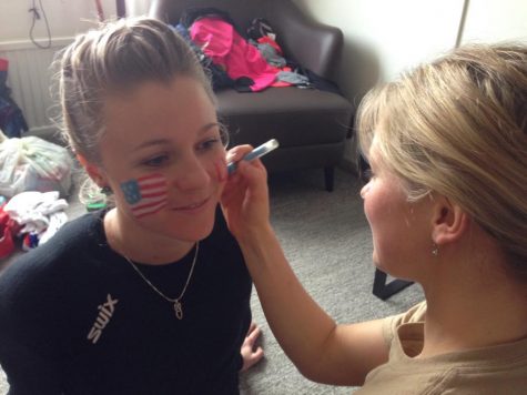 Getting Sadie all painted up for the relay at World Champs 2015! (photo from Zuzana)