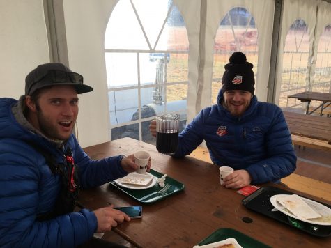 Because it's France, the FIS family tent that serves athletes and staff lunch had wine out on the tables...in large juice pitchers. No shortages there! Andrew and Tim testing it out here.